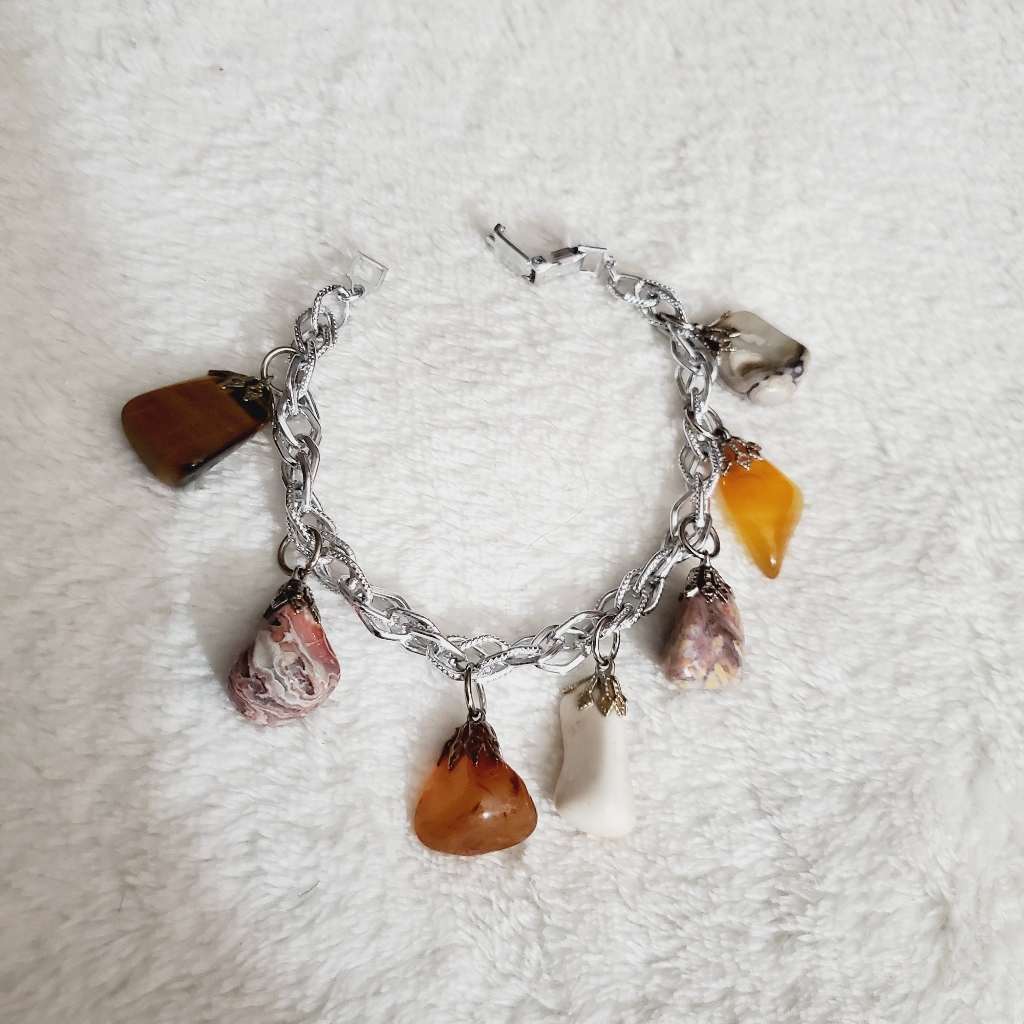 Vintage Germany Natural Stones Bracelet Silver Chain Tigers Eye Agate Estate Vtg 33$